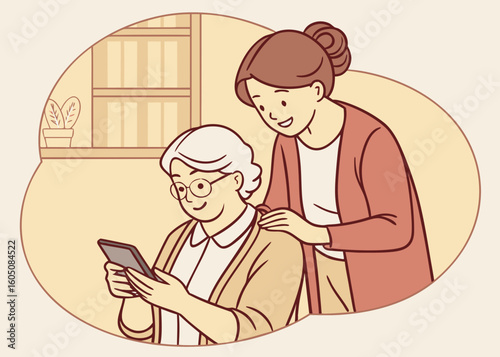 Older woman learning smartphone with younger woman helping