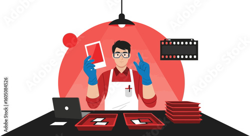 Creative Professional Developing Photographs In Darkroom Setting Concept