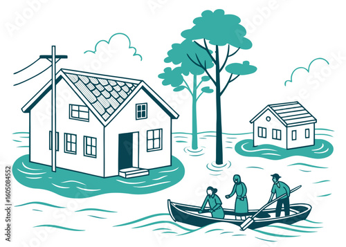 People in boat evacuating flooded village with houses and trees
