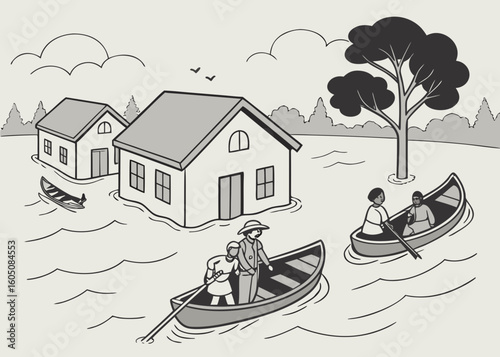 People evacuate flooded village in boats evacuation