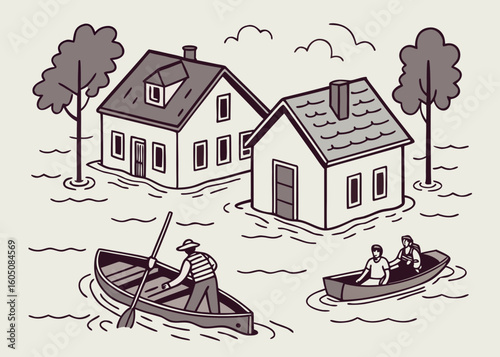 People evacuating flooded village in boats evacuation