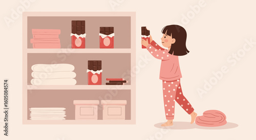 A Little Girl Enjoys Chocolate After A Bath At Home In The Evening