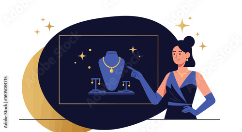 Elegant Woman In Jewelry Shop Displays Precious Collection In Stylish Setting
