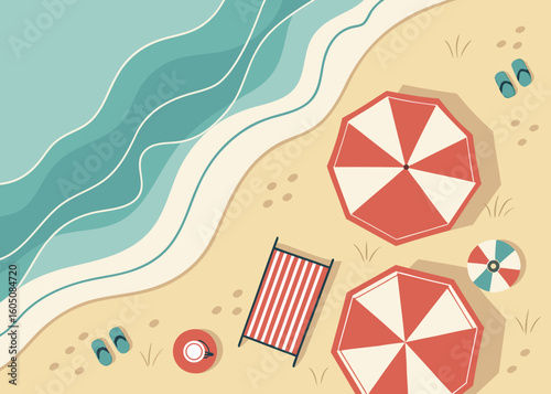 Top view of a beach with umbrellas and waves ocean