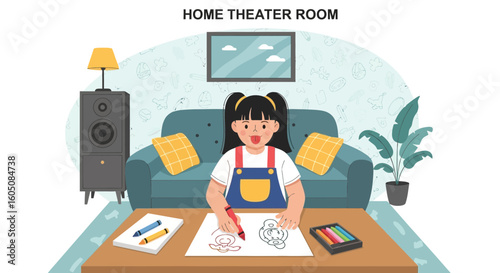 A Young Artist Draws In Her Home Theater Creative Room Illustration