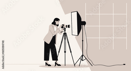 Elegant Woman Photographer Capturing Images with Professional Equipment in Studio