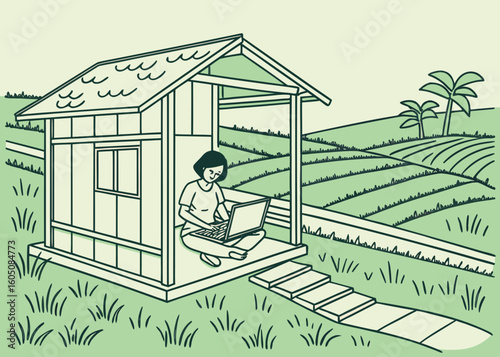 Woman working on laptop in open air bamboo house computer