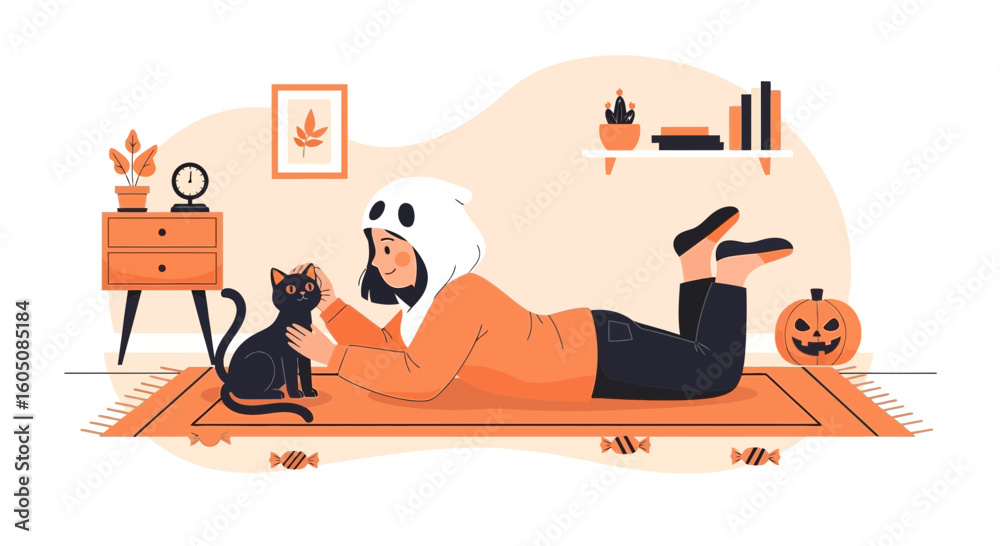 Fototapeta premium Adorable Halloween Home Scene Featuring Girl and Her Black Cat Friend