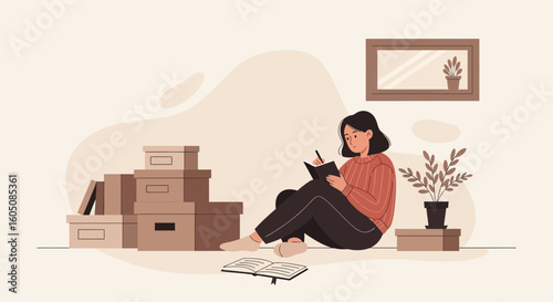 Creative Woman Planning Moving and Organizing Boxes with Diary at Home
