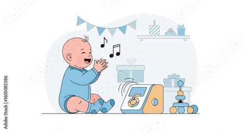 Cheerful Infant Clapping Hands While Enjoying Musical Toy In Play Area