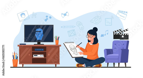 Creative Woman Sketching Character Watching Ai On Tv At Home Studio