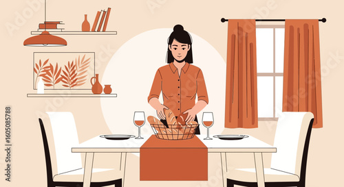 Elegant Woman Preparing Dinner Table Illustration In Minimalist Style
