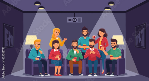 Animated Friends Enjoying a Movie Night Together In A Home Theater Room