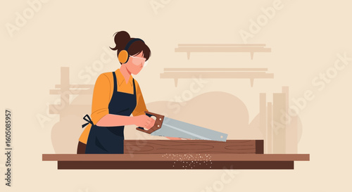 Creative Woodworking With Female Carpenter Making Furniture With Manual Saw