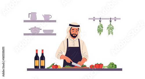 Arabian Chef Preparing Healthy Meal In The Kitchen With Fresh Ingredients