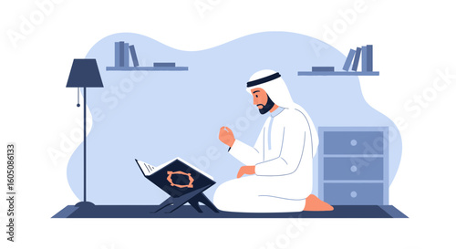 Arabian Man Praying Traditionally With Open Book In Living Room Illustration