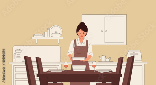 Elegant Woman Setting Table Preparing for Meal in Dining Room Illustration