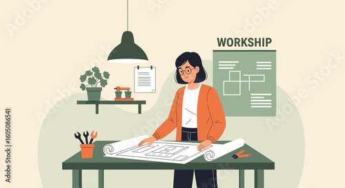 Architectural Designer Works On Blueprints In A Creative And Inspiring Workshop