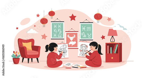 Creative Zodiac Art: Two Girls Drawing Zodiac Signs In Home Studio