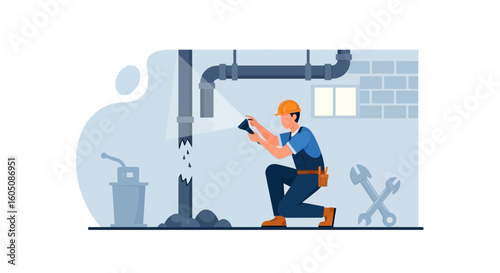 Emergency Plumber Inspecting Pipe Damage Underneath Sink For Repair Services