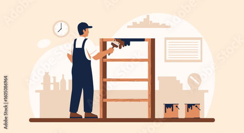 Artisan Renovating A Shelving Unit With A Brush In An Interior Space