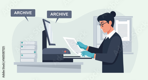 Employee Archives Documents In The Office With Scanner For Business Purposes