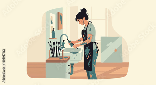 Artist Cleans Paintbrush In Studio Sink After Finishing Painting
