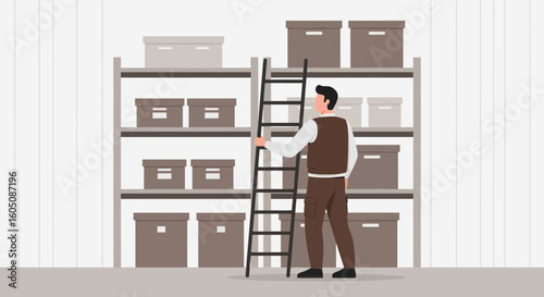 Employee Climbing Ladder In Warehouse Arranging Boxes On Shelving System