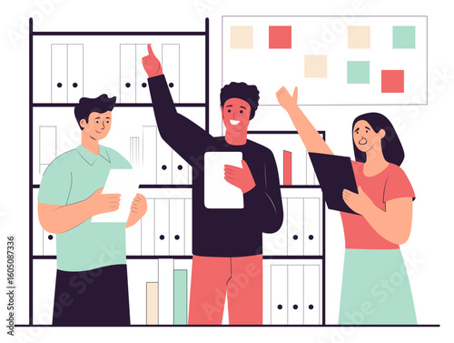 Minimal Flat Vector Illustration of Employees Brainstorming With Sticky Notes and Tablets in Casual Wear, Energetic Mood, Modern Office Corner With Bookshelves