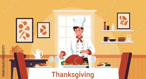 Chef Preparing Thanksgiving Feast In The Dining Room With Festive Decorations