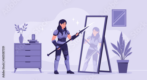 Empowered Female Warrior Ready For Adventure In Armor Reflecting In Mirror