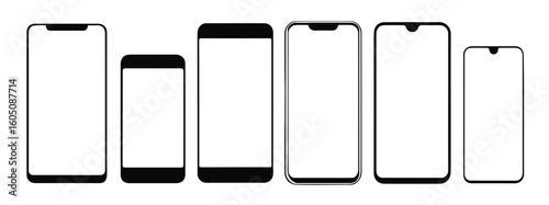 Silhouette vector Illustration of six different smartphone models with varying screen sizes and notch designs in black and white