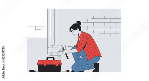 Empowered Woman Fixing Pipes And Plumbing System In Home Repair Scene