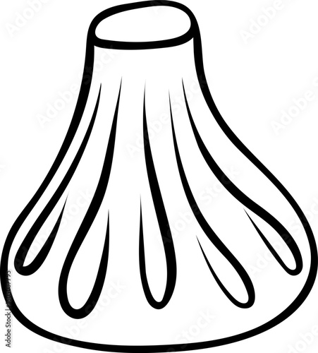 Simple black and white vector icon of Georgian khinkali dumpling, hand-drawn style with visible dough pleats and meat filling, isolated on white for versatile use in design projects
