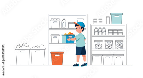 Child Helping With Storage Arrangement Inside Pantry For Household Provision