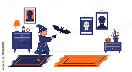 Child In Wizard Costume Flying Remote Controlled Bat In Halloween Atmosphere