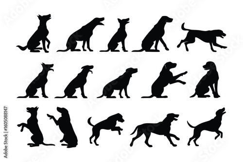 Collection of diverse dog silhouettes showcasing various poses and breeds in black and white vector art