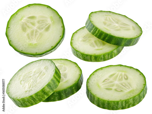 Fresh cucumber slices isolated on white background showcasing their crisp green texture and seeds