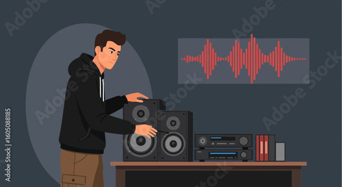 Audio Enthusiast Man Arranging Hifi System in Room with Sound Waves Decoration