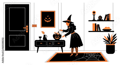 Enchanting Halloween Gathering Witch Prepares Trick or Treat Candy Scene