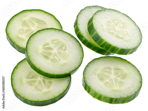 Fresh cucumber slices arranged on a white background with bright green peels clearly visible
