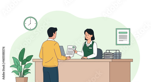 Customer Submitting Paperwork To Friendly Bank Teller At Service Counter