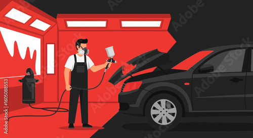 Auto Body Technician Painting Car With Spray Gun In Repair Shop