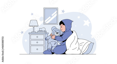 Cute Boy In Pajamas Hugging A Teddy Bear Before Sleep In Bedroom