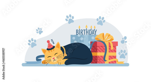 Cute Kitten Taking a Birthday Nap after Party with Gifts and Paw Prints