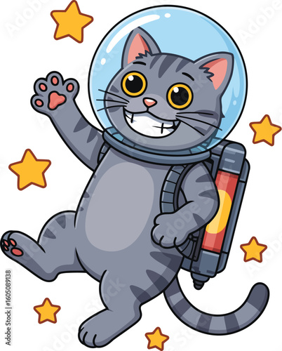 Happy cartoon cat astronaut floating among stars in outer space