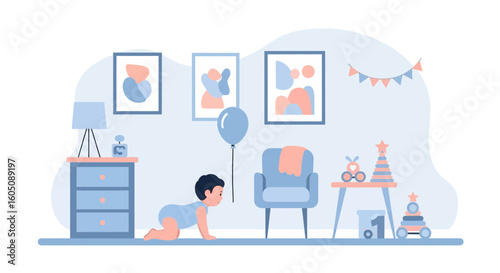 Cute Little Boy Crawling In A Playroom With Toys And Decorations Vector