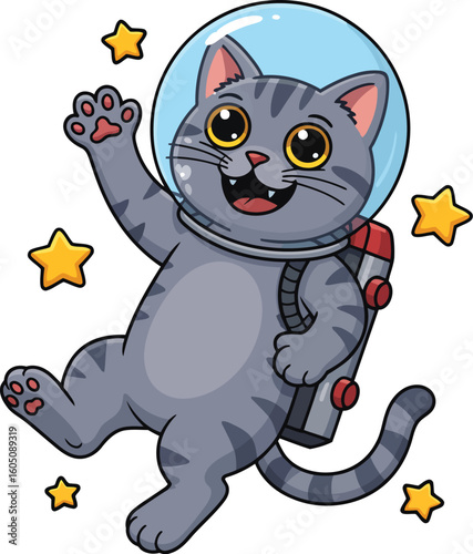 Cute cartoon tabby cat astronaut waving happily in outer space with stars