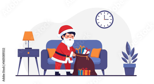 Cute Santa Claus Preparing Gifts in Cozy Living Room For Christmas Eve