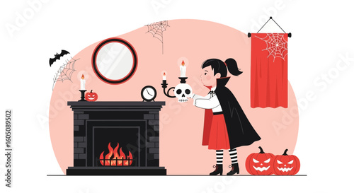 Cute Vampire Girl Preparing for a Halloween Party With Home Decorations